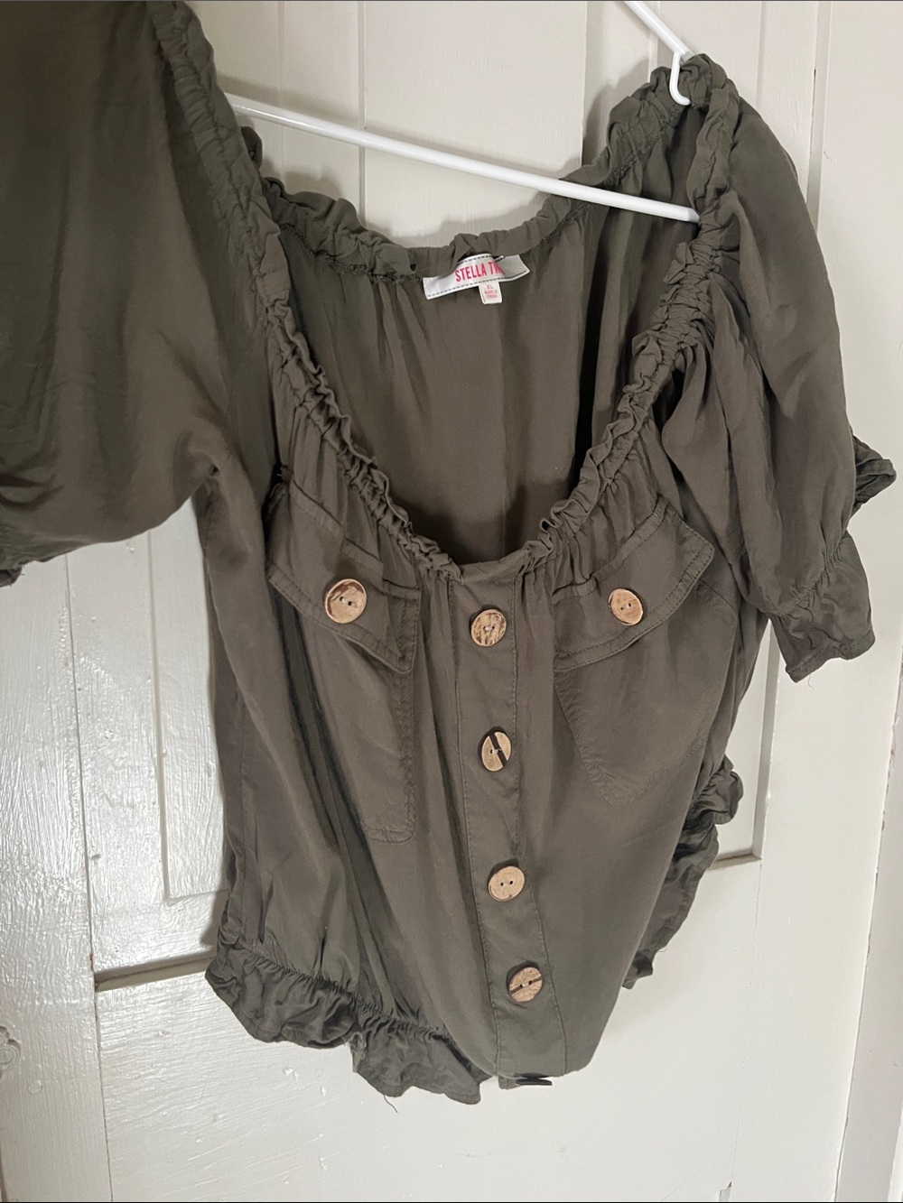 Stella Tweed Olive Green Off-Shoulder Button Blouse